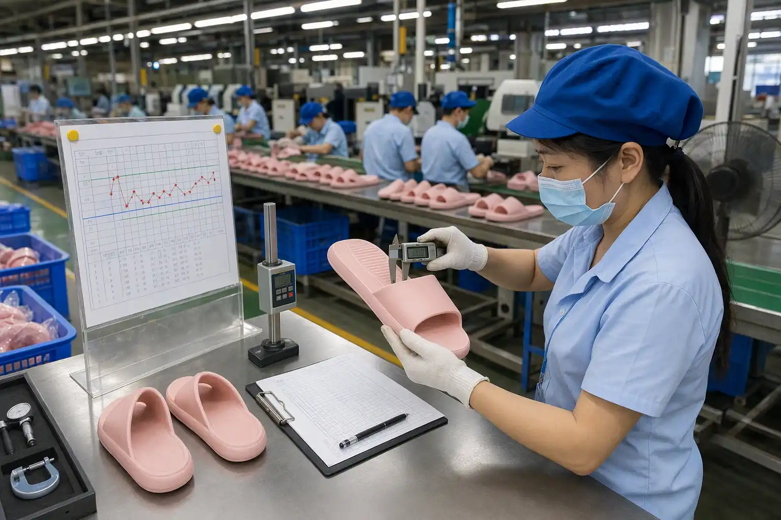 Inline QC measurement audit catches sizing drift early before full batch completion.