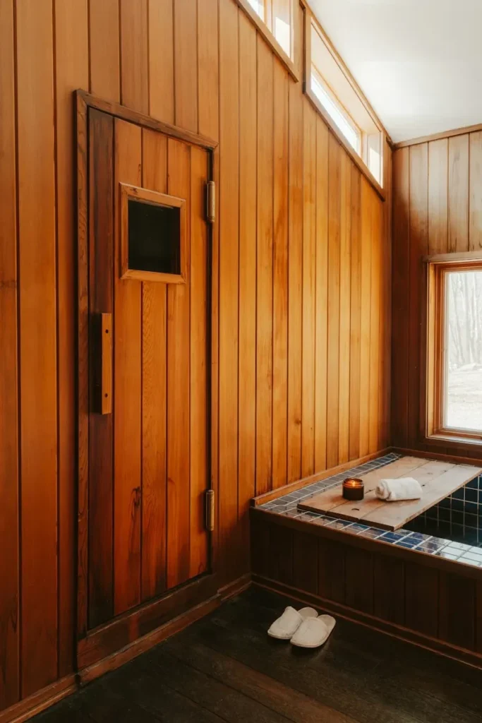 Wooden sauna room with a bathtub and slippers