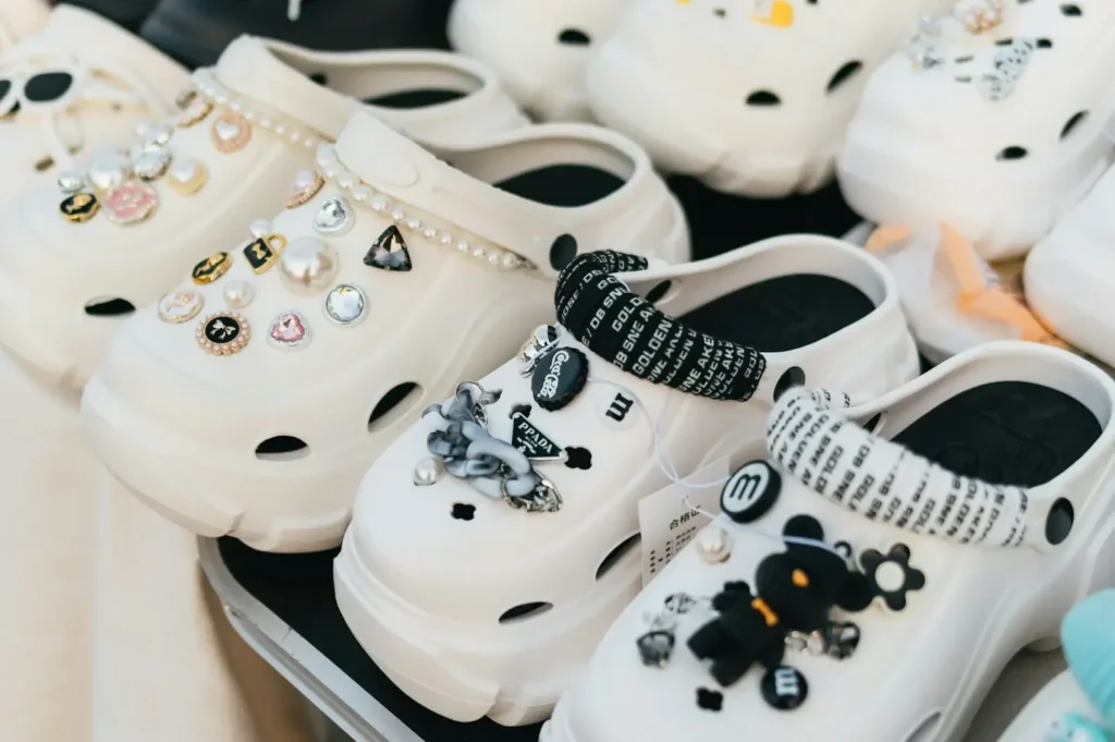 A bunch of shoes that are on a table